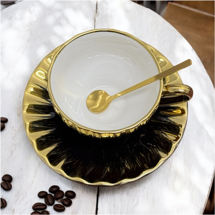 Set Ceasca 180 ml si Farfurie din Portelan, lingurita metalica, GOLDEN, Negru [2]