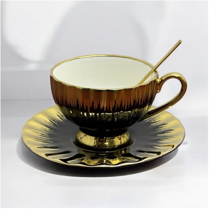 Set 2 Cesti 180 ml si Farfurii din Portelan, lingurite metalice, GOLDEN, Alb si Negru [3]