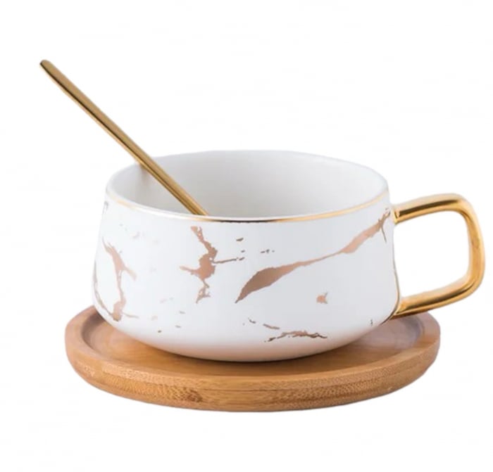 Set Ceasca GOLDEN din Portelan cu suport din Bambus, pentru cafea si ceai, 350 ml [2]