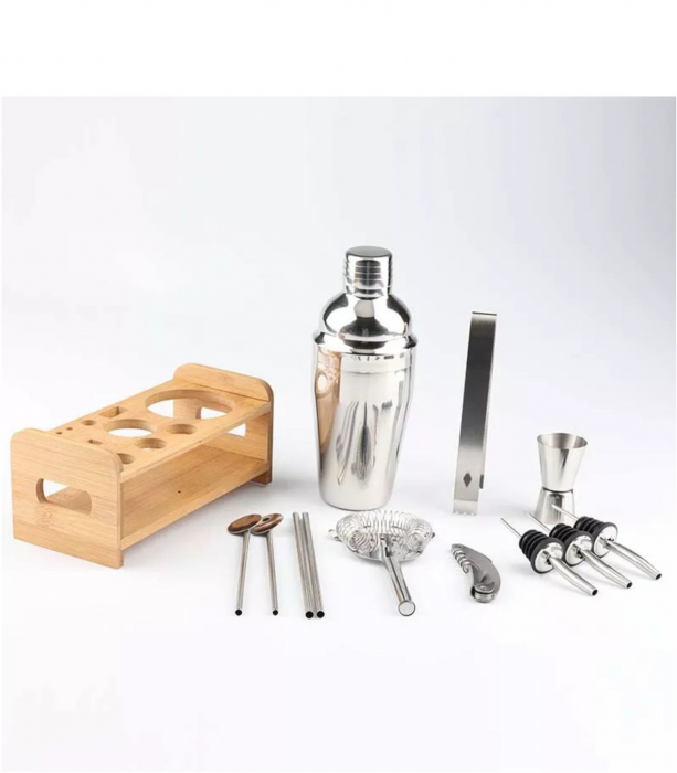 Set Cocktail, 13 accesorii din otel inoxidabil cu suport din Bambus [2]