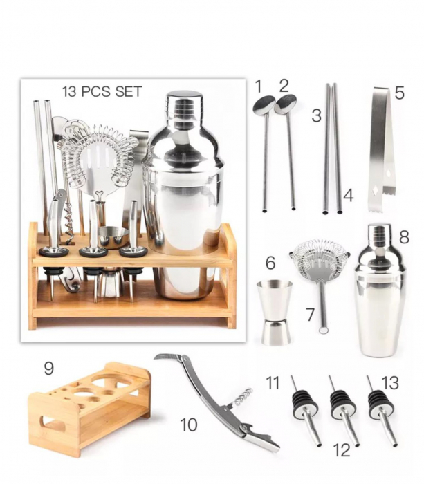 Set Cocktail, 13 accesorii din otel inoxidabil cu suport din Bambus [3]