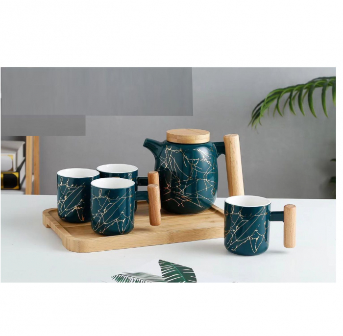 Set din Portelan pentru ceai si cafea, Ceainic 1L si 4 Cani cu tava din bambus, GOLDEN [2]