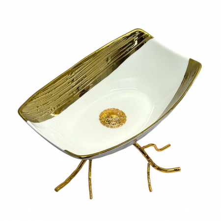 Bol din portelan alb cu margine lata aurie si suport metalic, 22 x 14  x 12 cm [2]