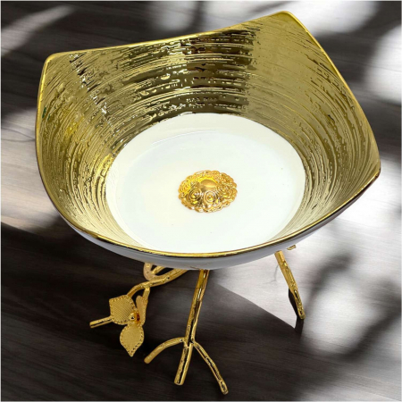 Depozitare si servire - Bol din portelan pentru aperitive cu suport metalic – 18.5x18.5 cm, inaltime 18 cm