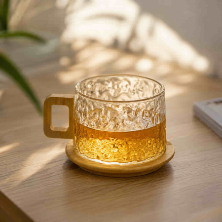 Cana „NATURA” din sticla borosilicata cu suport si maner din bambus, 250 ml [6]