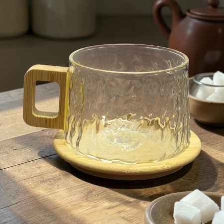 Savoarea Ceaiului - Cana „NATURA” din sticla borosilicata cu suport si maner din bambus, 250 ml