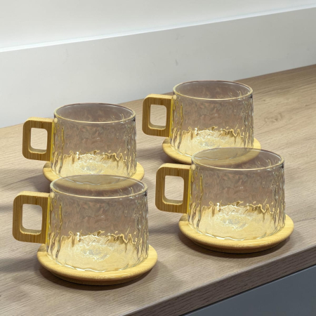 Pahare si Cani - Set 4 cani  „NATURA” din sticla borosilicata cu suport si maner din bambus, 250 ml