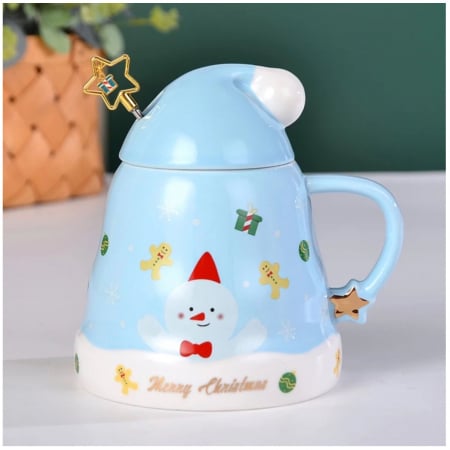 Pahare si Cani - Cana Portelan MERRY CHRISTMAS, lingurita si capac, 450ml, Bleu