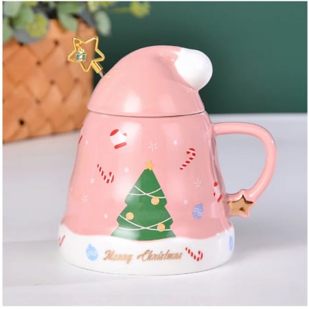 Pahare si Cani - Cana Portelan MERRY CHRISTMAS, lingurita si capac, 450ml, Roz