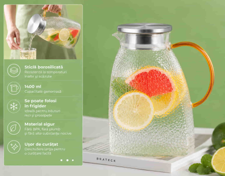 Carafa din sticla borosilicata cu capac din Inox, SQUARE, 1400 ml, 9x13x20 cm [5]