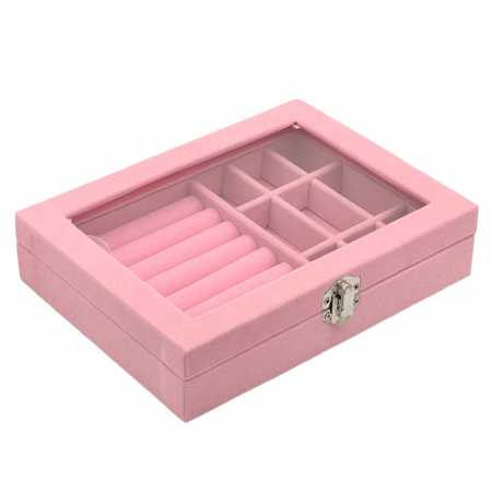 Cadouri si Decoratiuni - Caseta pentru Bijuterii, Inele /Cercei /Butoni, piele ecologica, Roz, 20x15x4.5 cm