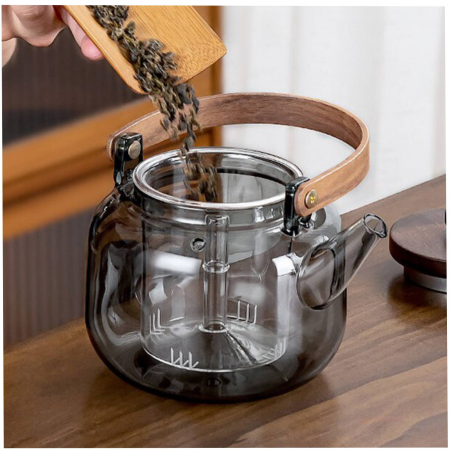 Ceainic 1000 ml din sticla borosilicata su infuzor si maner lemn, Fumuriu [2]