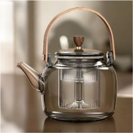 Ceainice si infuzoare - Ceainic 1000 ml din sticla borosilicata su infuzor si maner lemn, Fumuriu