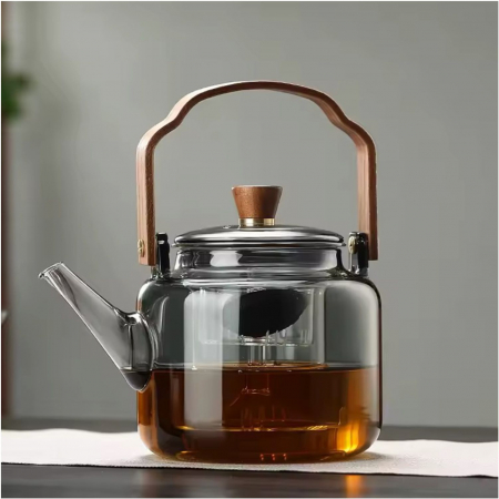 Ceainice si infuzoare - Ceainic 1200 ml din sticla borosilicata su infuzor si maner lemn, Fumuriu
