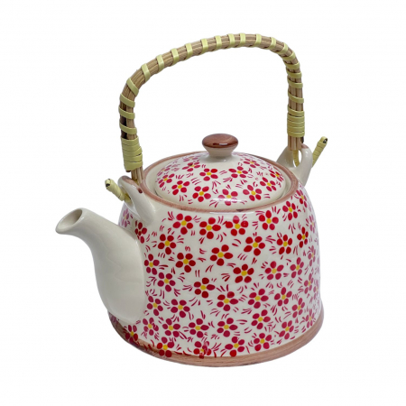 Ceainice si infuzoare - Ceainic Ceramic cu maner din bambus, Flowers Red, 800 ml