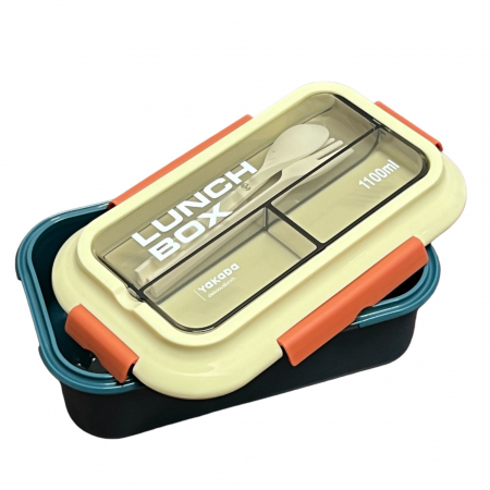 Caserole - Cutie Alimente LUNCH BOX, 2 compartimente cu Lingurita si Furculita, 1100 ml