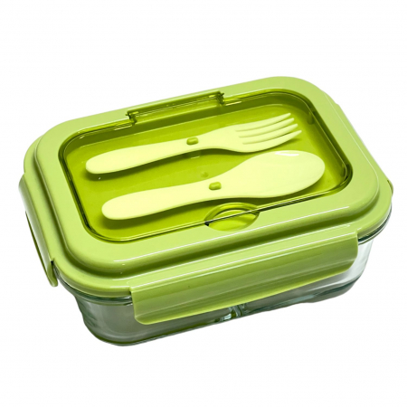 Servirea mesei - Cutie Alimente LUNCH BOX, 3 compartimente sticla cu Lingurita si Furculita, 1000 ml