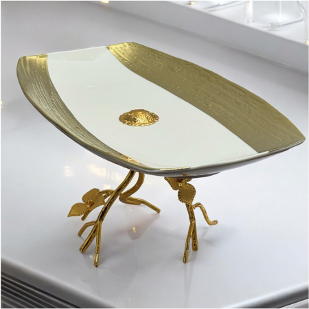 Servirea mesei - Platou de servire dreptunghiular din portelan cu suport metalic – 30x18 cm, inaltime 14 cm