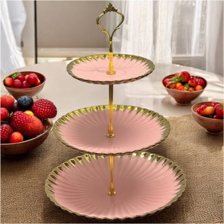 Platou Portelan supraetajat, 3 niveluri, Candy Bar, Golden, Roz cu Auriu [2]