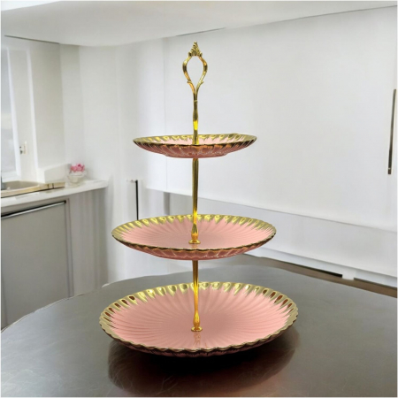 Platou Portelan supraetajat, 3 niveluri, Candy Bar, Golden, Roz cu Auriu [1]