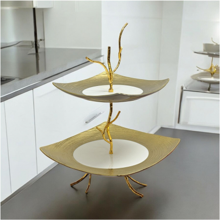 Servirea mesei - Platouri patrate supraetajate, Portelan 2 niveluri, Candy Bar, Alb cu Auriu, 25x25 si 20x20 cm