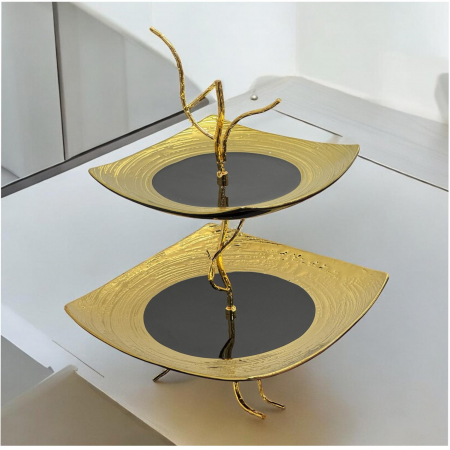 Servirea mesei - Platouri patrate supraetajate, Portelan 2 niveluri, Candy Bar, Negru cu Auriu, 25x25 si 20x20 cm