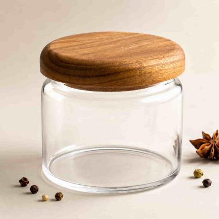 Recipiente depozitare - Recipient pentru depozitare 300 ml, sticla borosilicata si capac din lemn