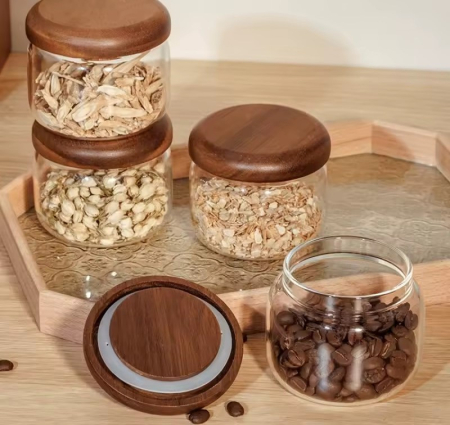 Recipient pentru depozitare 300 ml, sticla borosilicata si capac din lemn [1]