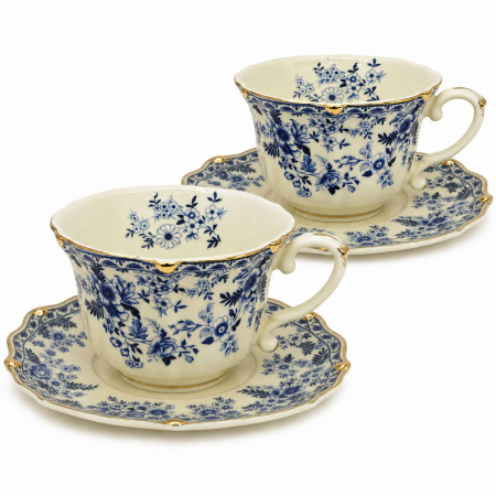 Seturi din Portelan - Serviciu Portelan Vintage 2 Cesti si farfurii, Blue Bouquet