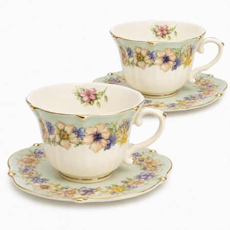 Seturi din Portelan - Serviciu Portelan Vintage 2 Cesti si farfurii, Green Bouquet