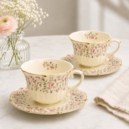 Serviciu Portelan Vintage 2 Cesti si farfurii, PINK FLORAL [3]