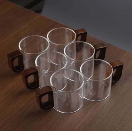 Surasul Cafelei - Set 6 cani espresso din sticla borosilicata, 100 ml, cu maner din lemn natural