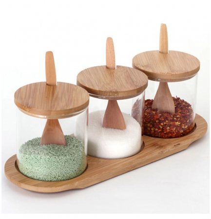 Set pentru condimente, 3 recipiente sticla Borosilicata, cu lingurite, capace si tava din bambus, 30x10x10 cm [2]