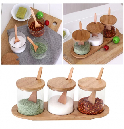 Set pentru condimente, 3 recipiente sticla Borosilicata, cu lingurite, capace si tava din bambus, 30x10x10 cm [1]