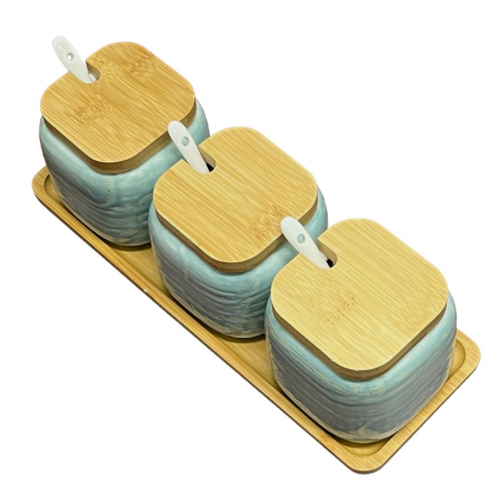 Recipiente depozitare - Set 3 recipiente din ceramica, capace si tava din Bambus, 30x10x11 cm