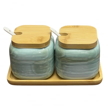 Set 2 recipiente din ceramica, capace si tava din Bambus, 20x10x11 cm [2]