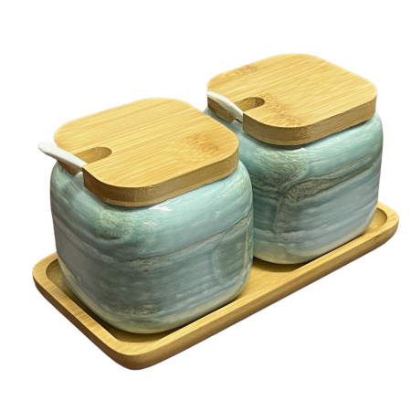 Organizatoare bucatarie - Set 2 recipiente din ceramica, capace si tava din Bambus, 20x10x11 cm