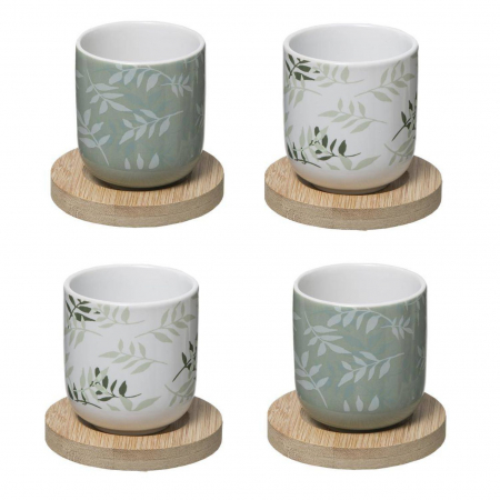 Seturi din Portelan - Set 4 Cupe din Portelan cu suporturi Bambus, 130ml