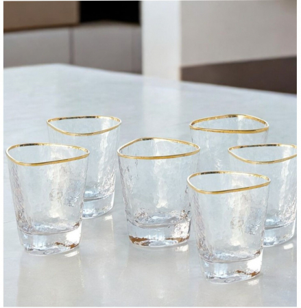 Accesorii bauturi - Set 6 Pahare MAYA, 340ml, din Sticla Subtire, cu Bordura Aurie, 9x11cm