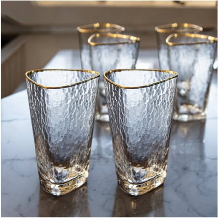Pahare si Cani - Set 6 Pahare Inalte MAYA, 450ml, Sticla Subtire, Bordura Aurie, 9x14cm