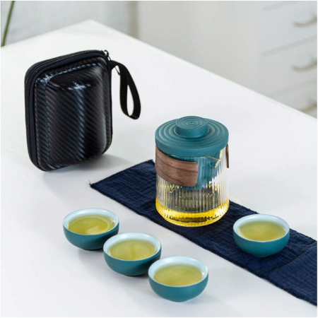 Set Cana 380ml sticla borosilicata cu protecte lemn, 4 cupe si infuzor Ceramic, Lines [2]