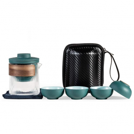 Set Cana 380ml sticla borosilicata cu protecte lemn, 4 cupe si infuzor Ceramic, Lines [1]