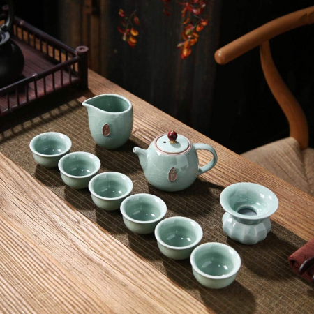 Ceainice si infuzoare - Set ceai „IMPERIAL TEA” din portelan, ceainic 200 ml, 6 cupe si accesorii incluse, Turcoaz