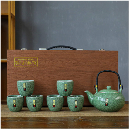 Set Ceainic 500 ml si 6 cupe din Portelan, cutie Lemn, Verde [0]