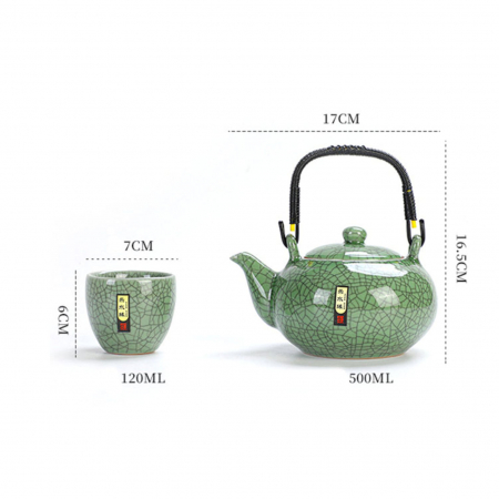 Set Ceainic 500 ml si 6 cupe din Portelan, cutie Lemn, Verde [1]