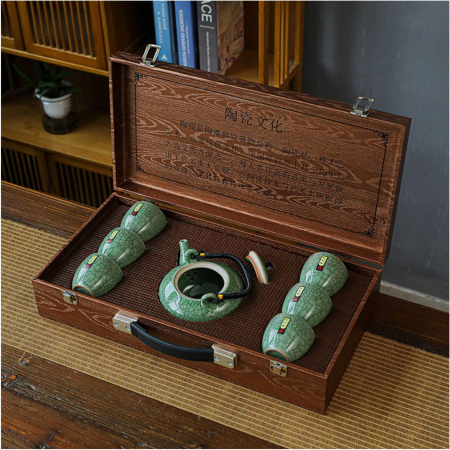 Set Ceainic 500 ml si 6 cupe din Portelan, cutie Lemn, Verde [4]