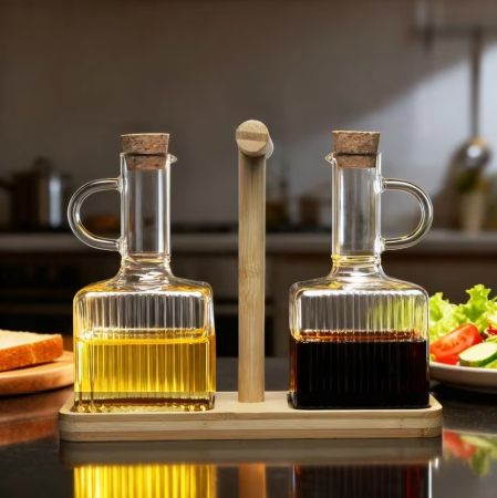 Set oliviera premium din sticla borosilicata, 2 recipiente cu suport din bambus [6]