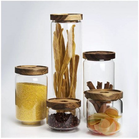 Set 5 recipiente sticla borosilicata cu capace din Lemn, Premium [2]