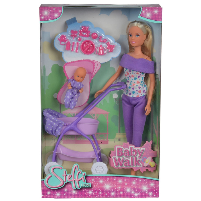 Papusa Simba Steffi Love Baby Walk 29 cm mov cu carucior si accesorii [3]