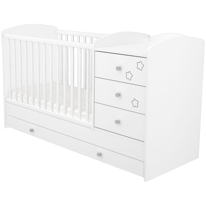 Patut copii transformabil din lemn cu 4 sertare Hubners Matei Kombi 120x60 cm alb cu stelute [1]